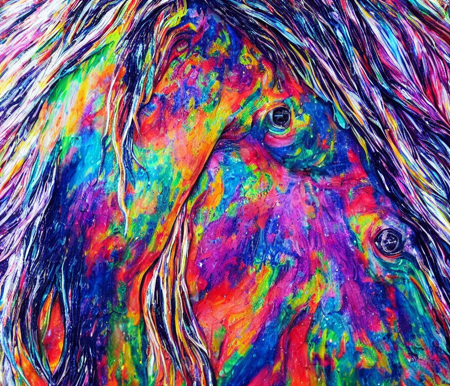 Image similar to still shot close up footage of the portrait of a horse head made of acrylic pour and coloured powder explosion and splashing paint and dripping paint and flying paint chunks, motion blur, hyperrealistic, medical, intricate art photography, anatomically correct, realistic crisp textures, 1 6 k