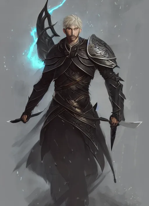 Image similar to Half-body portrait of a handsome elven knight with black facial hair. Swords are levitating beside him. In style of Hyung-tae Kim and Greg Rutkowski, concept art, trending on ArtStation, Korean MMORPG, over-detailed art, 8K, epic, dynamic lightning, dramatic pose.