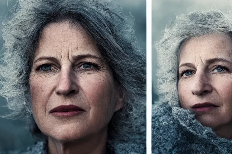 Image similar to a highly detailed cinematic headshot portrait of a frozen middle aged woman stood in a field, field on fire, ultra realistic, depth, beautiful lighting, by annie leibovitz, photorealistic, hyperrealistic, octane, masterpiece