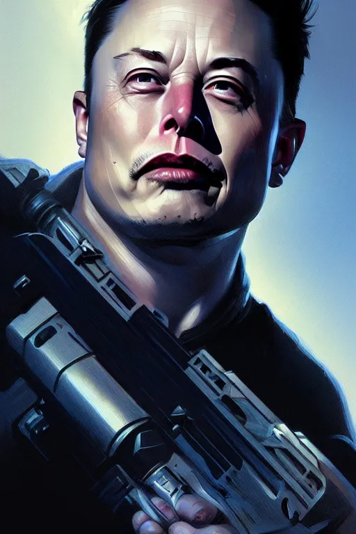 Prompt: elon musk as punisher, portrait, highly detailed, digital painting, artstation, concept art, smooth, sharp focus, illustration, cinematic lighting, art by artgerm and greg rutkowski and alphonse mucha