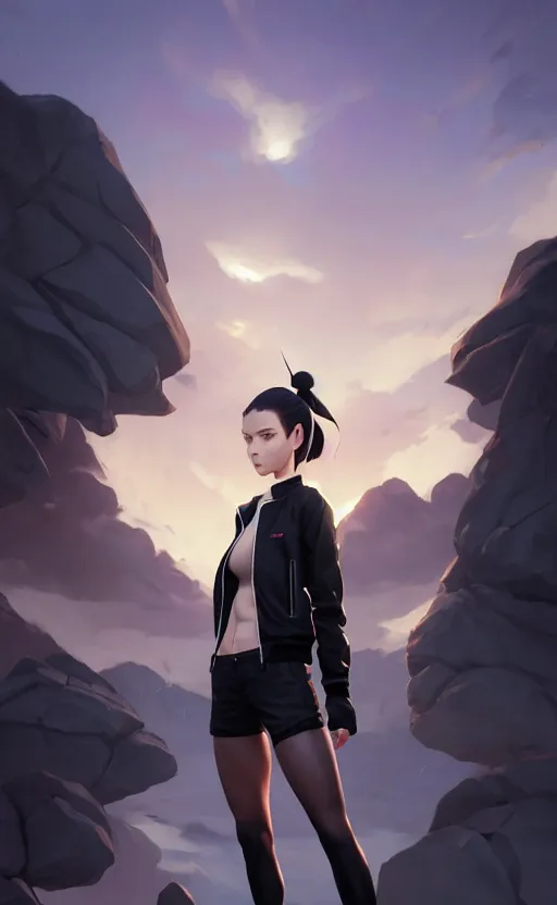 Prompt: black ponytail hair, pale woman in a black unzipped jacket, black shorts, by artgerm, beautiful render, matte painting, realistic, dynamic angle, wlop, loish, octane render, sharp focus, by greg rutkowski makoto shinkai