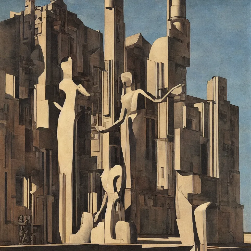 Image similar to a goddess with a pet robot in the style of Giorgio de Chirico with perfect symmetry in front of spiritual inspiring architecture perfect symmetry and dramatic lines