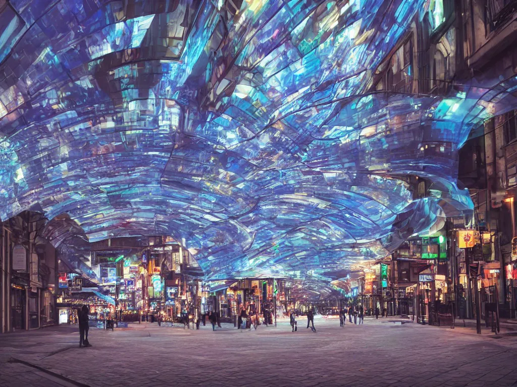 Image similar to streets with curved translucent screens projecting detailed sci - fi art ( 2 0 4 2 ), pixel perfect photograph, high contrast, volumetric lighting, thin glowing lights, chair, users, pair of keys