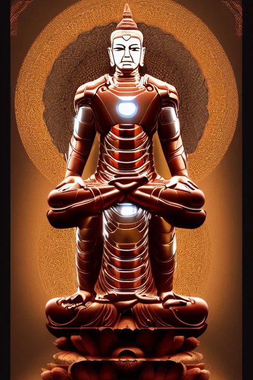 Image similar to digital masterpiece illustration concept art of porcelain statue of buddha gautama as iron man, virasana, lotus, padmasana, extremely detailed and intricate complexity, epic composition, magical atmosphere, cinematic lighting, wide long shot, trending on artstation, 8 k