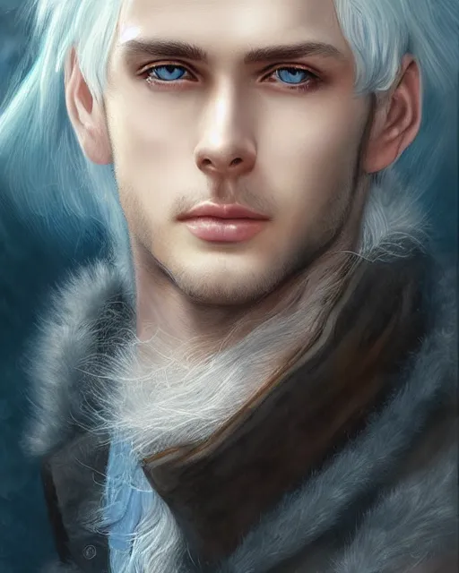 Image similar to a beautiful male, 8 k, hyperrealistic, hyperdetailed, white hair, blue eyes, fantasy portrait by laura sava