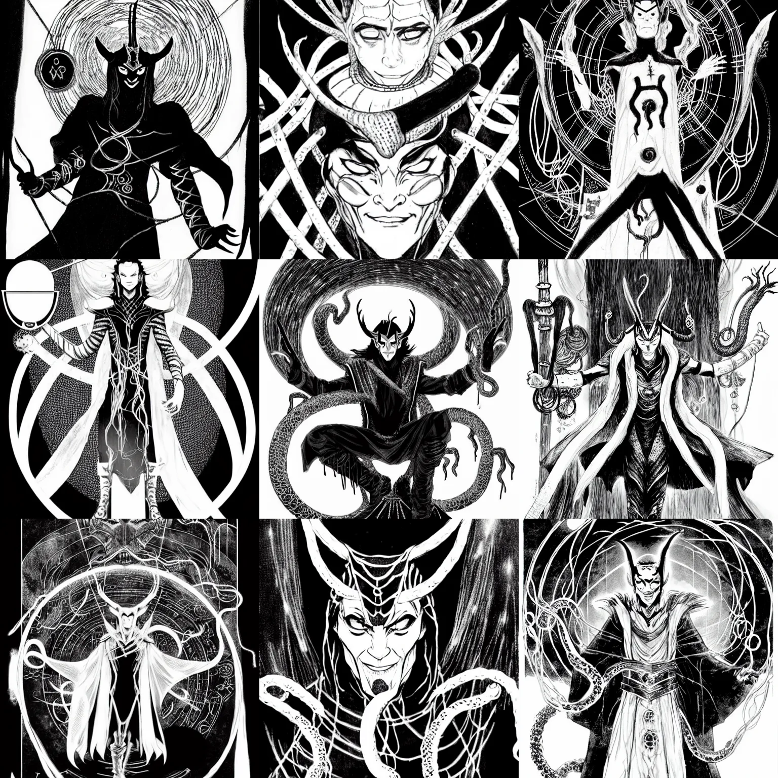 Prompt: black and white loki in an epic magician costume makes a spell on a crystal ball, runes in the air, many magical laughing troll heads with wires and tenticles fly in the background, by tsutomu nihei