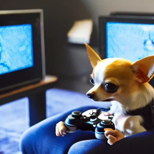 Prompt: a chihuahua playing video games