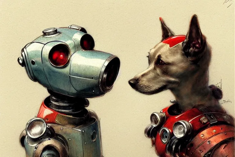 Image similar to adventurer ( ( ( ( ( 1 9 5 0 s retro future robot android dog. muted colors. ) ) ) ) ) by jean baptiste monge!!!!!!!!!!!!!!!!!!!!!!!!! chrome red