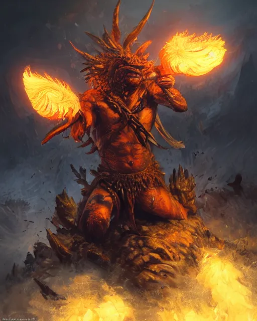 Image similar to oil painting of Angry Anthropomorphized Fish Berserker, wearing fur armor, claws, sharp focus, attack pose, fantasy style, octane render, volumetric lighting, 8k high definition, by greg rutkowski, highly detailed, trending on art Station, magic the gathering artwork, burning Battlefield background, centered