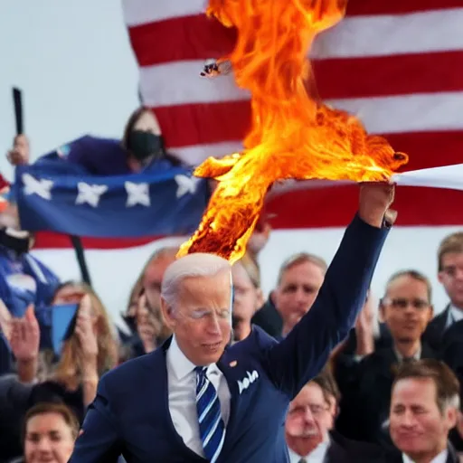 Prompt: joe biden setting the american flag on fire