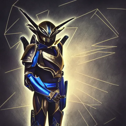 Image similar to High Fantasy Kamen Rider, glowing eyes, dark blue segmented armor, moody colors, 8k, forest plains of north yorkshire, daytime, grey rubber undersuit, tokusatsu, illustration