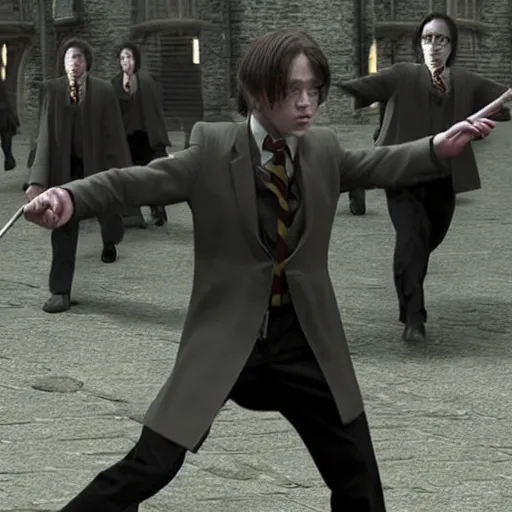 Prompt: harry potter fighting agent smith from the matrix, photorealistic