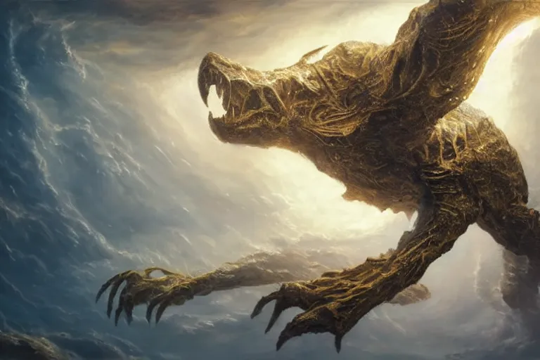 Prompt: ultra realist soft painting of a single eldrich gigantic creature, floating in the depth of space, very intricate details, dense fog, golden ratio, volumetric cinematic lighting, reflections, refractions, symmetry accurate anatomy features, omnious background, unreal render