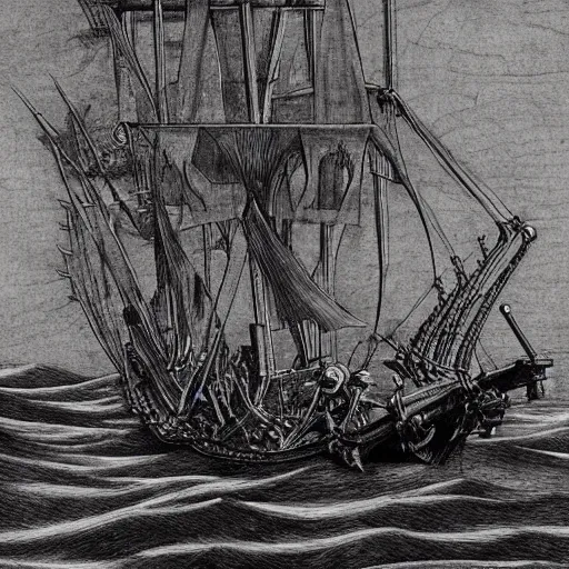 Prompt: da vinci drawing of the flying dutchman pirate ship ultra detailed 4k