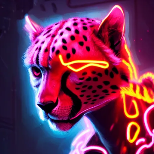 Prompt: a beautiful commission of an anthropomorphic cheetah wearing a neon jacket,futuristic,detailed face,character design by charles bowater,mohawk,cyberpunk style,deviantart,artstation,art by greg rutkowski,ross tran,professional lighting,neon city,night,raytracing,rtx,award winning,western comic style,shaep lineart,cg society