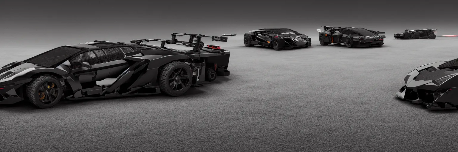 Image similar to black lego lamborghini on a race track. soft light. cinematic. intricate. close - up shot. highly detailed. matte painting in the style of craig mullins. octane render. 8 k. trending on artstation