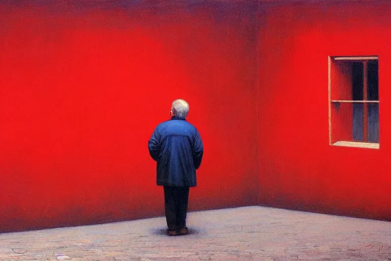 Image similar to only with red, a red old man try to sell a portrait, cheering crowd, in a old city square, in the style of beksinski, parts by edward hopper, parts by rodcenko, parts by yue minjun, intricate and epic composition, red by caravaggio, insanely quality, highly detailed, masterpiece, red light, artstation, 4 k