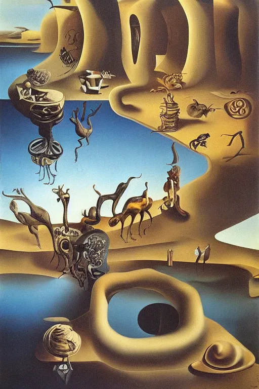 Image similar to surrealist painting by dali full of subtle hints, mystic characters and misleading perspectives, ultrastation hq, 8 l, hyperrealistic, very highly detailed