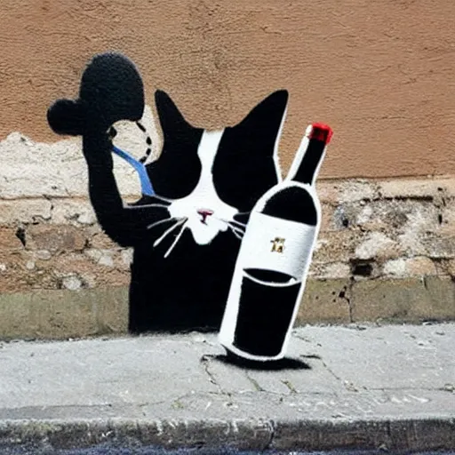 Image similar to Street art of an alcoholic cat who drink wine, by banksy