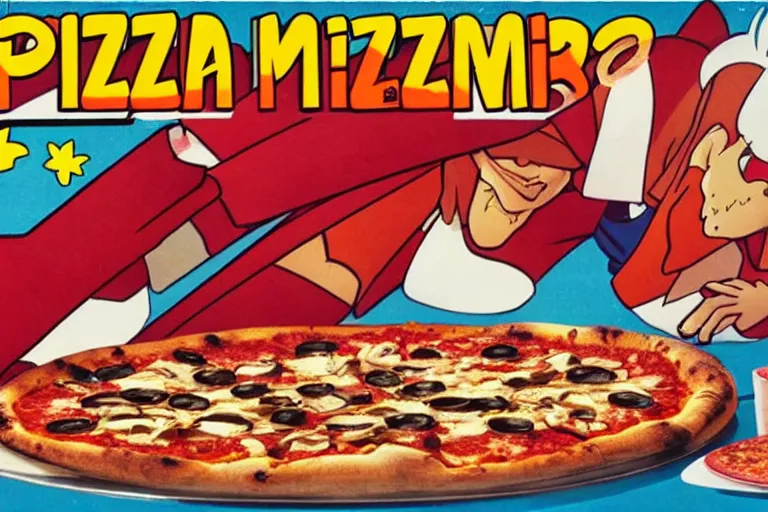 Image similar to pizza, 80s, advertisement, anime, explosion!!