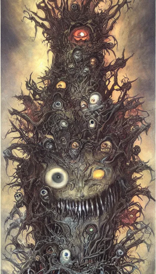 Image similar to a storm vortex made of many demonic eyes and teeth, by brian froud