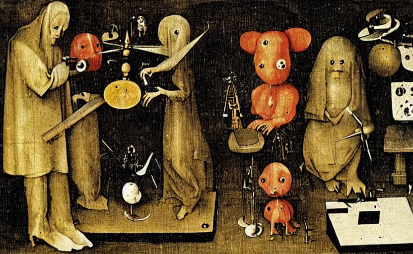 Image similar to an occult machine making copies of a funny little creature by hieronymus bosch