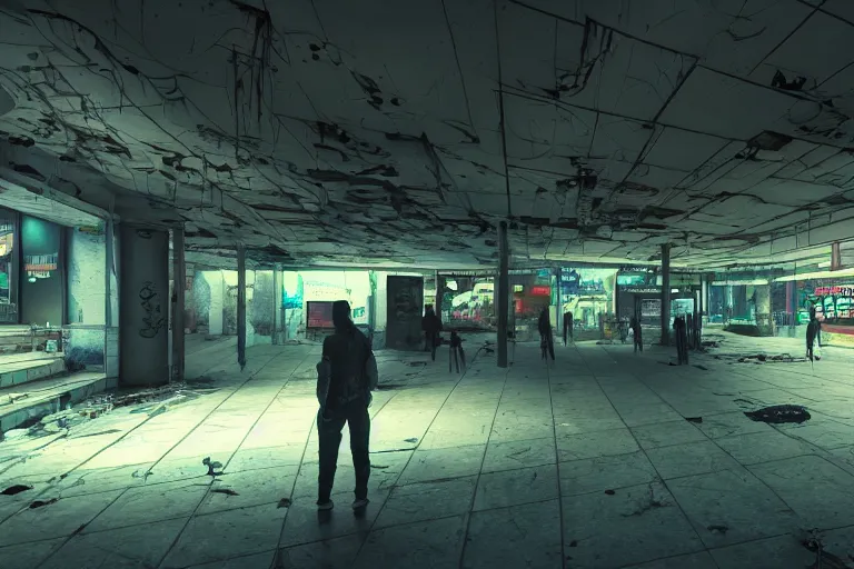 Image similar to low angle photo of a abandoned cyberpunk shopping mall with humans floating, moon gravity, cinematic lightning, ray tracing, unreal engine, photorealistic, detailed, dark, moody, foggy, scary