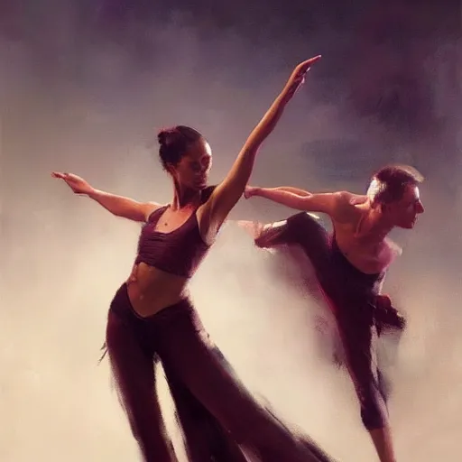 Image similar to oil painting dancer woman, with dancer men herb rose, by greg rutkowski, artstation