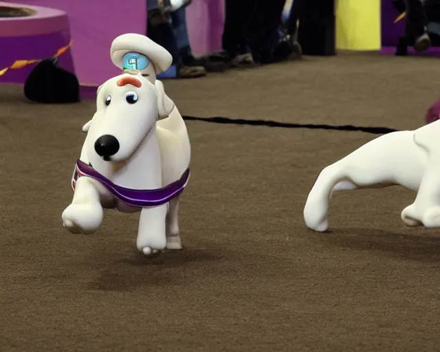 Prompt: gromit made of clay, running the agility course at the westminster kennel club dog show