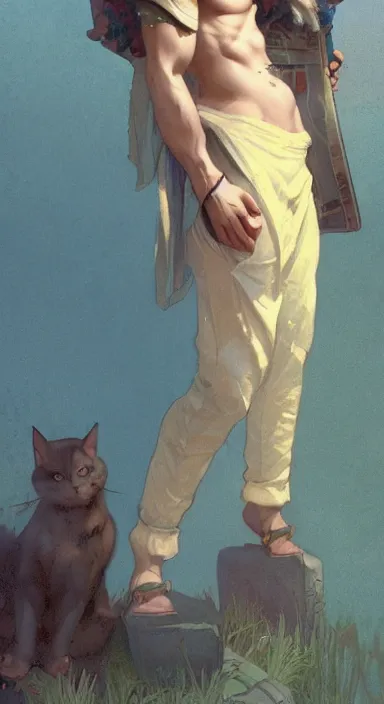 Image similar to Full body portrait of a cute catboy in his twenties. Award-winning digital art, trending on ArtStation. Art by Greg Rutkowski and Alphonse Mucha