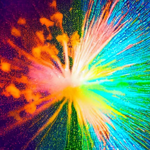 Image similar to A centered explosion of colorful powder on a black background