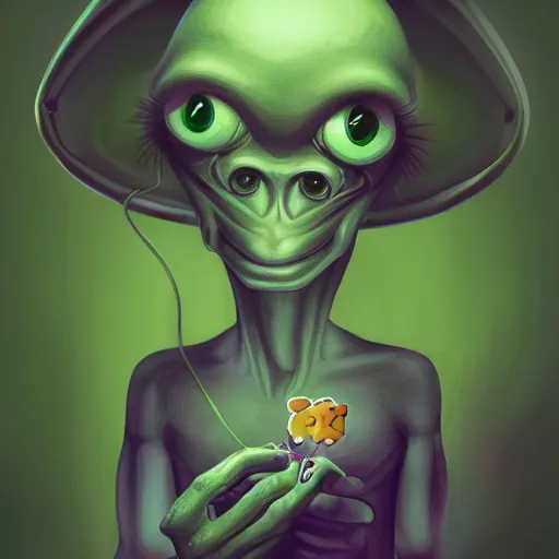 Image similar to Cute friendly portrait of an alien smoking weed, digital art, featured on artstation, fine details