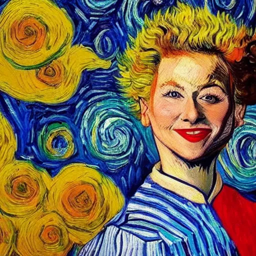 Prompt: a portrait of katja schuurman smiling in the style of vincent van gogh, artistic, colorful, vibrant, art, high fashion