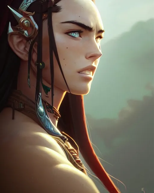 Image similar to azctec warrior, megan fox, detailed perfect face, exquisite details, fire magic, mid view, design on a white background, by studio muti, greg rutkowski makoto shinkai takashi takeuchi studio ghibli