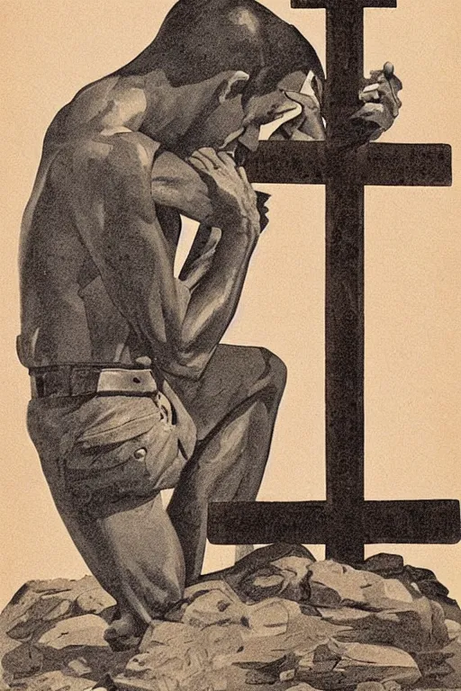 Image similar to man kneeling at the base of a wooden cross, 1960’s advertising art illustration