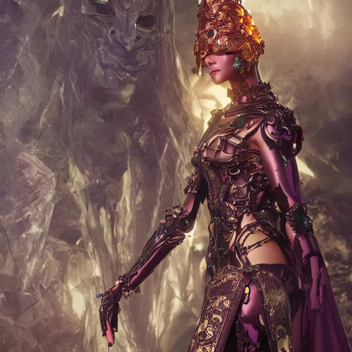 Prompt: mystical evil android queen with obsidian eyes, wearing an elaborate helmet, fashion shoot, octane render, 8 k, unreal engine, by todd mcfarlane and artgerm and greg rutkowski and alphonse mucha