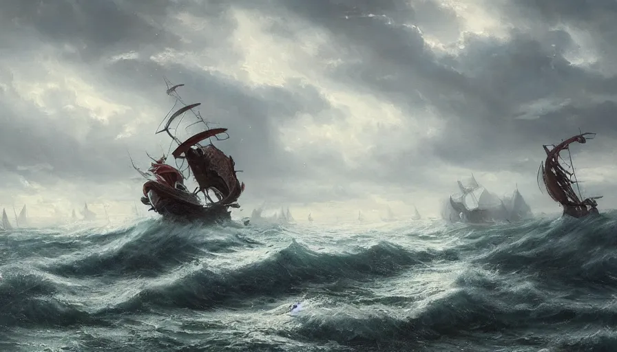 Prompt: A beautiful painting of a kraken attacking a sailing ship in a stormy sea by greg rutkowski and Kalin Popov , Trending on artstation HD.