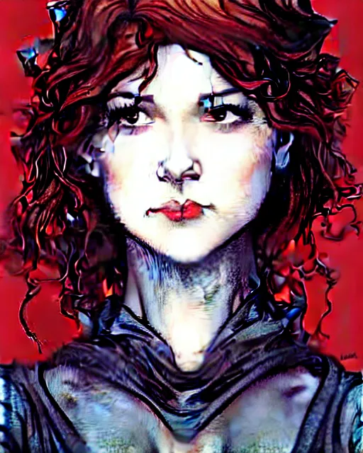 Image similar to style of arthur rackham, artgerm, rafael albuquerque, steve niles : : gorgeous mary elizabeth winstead : : evil sorceress, swirling black magic, black dress : : symmetrical face, symmetrical eyes : : full body pose : : gorgeous red hair : : cinematic lighting : :