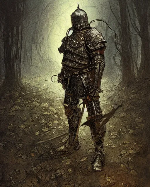 Prompt: a hyper realistic painting of a knight in armor made out of rotting metal, pale colors, fog, dark fantasy, cinematic lighting, nighttime, by rebecca guay