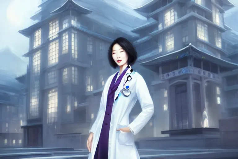 Image similar to an elegant and beautiful chinese female doctor in a white coat in front of a hospital building, cinematic, highly detailed, digital painting, artstation, concept art, matte, sharp focus, illustration, art by artgerm and greg rutkowski