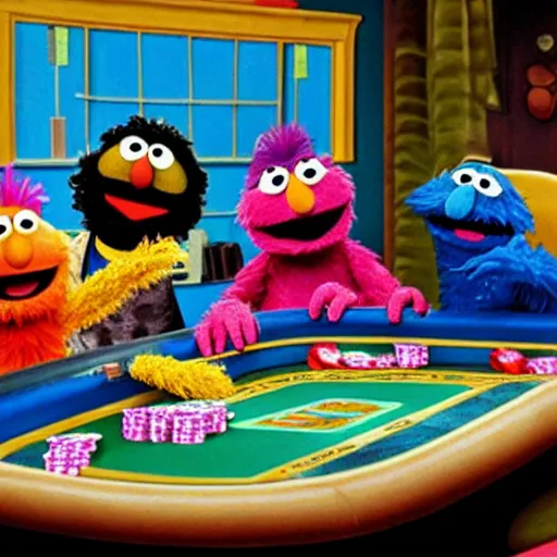 Prompt: sesame street characters playing poker