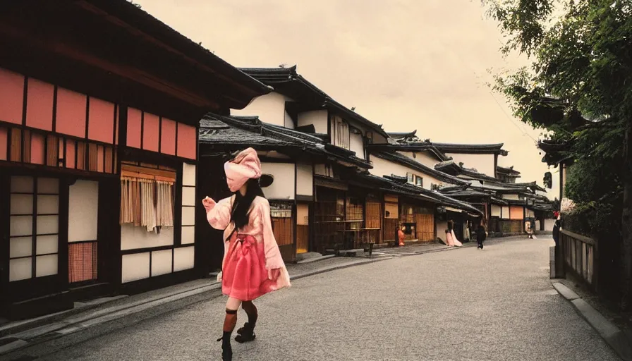 Image similar to 1 9 9 0 s candid 3 5 mm photo of a beautiful day in the a dreamy street in takayama japan mixed with details from tokyo and paris, cinematic lighting, cinematic look, golden hour, the clouds are epic and colorful with cinematic rays of light, a girl walks down the center of the street in a gucci dress, photographed by petra collins, uhd