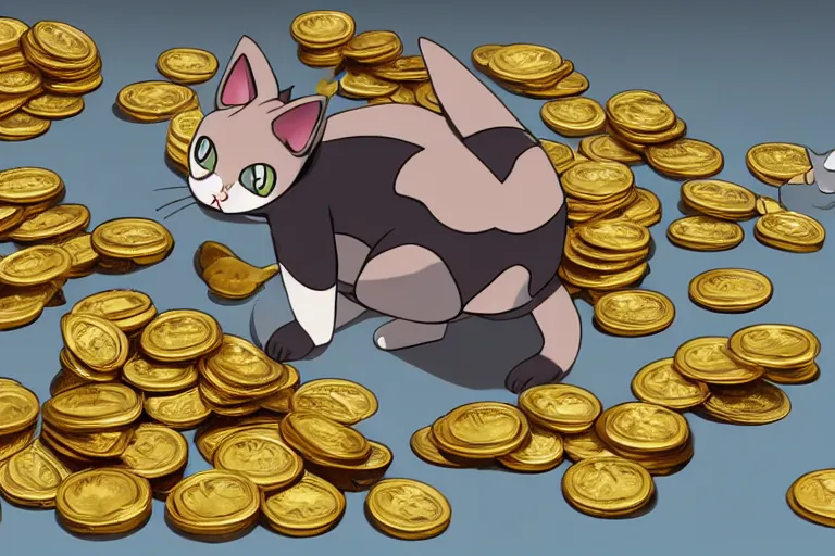 Image similar to meowth, cat pokemon, surrounded by gold coins, photorealism, cinematography