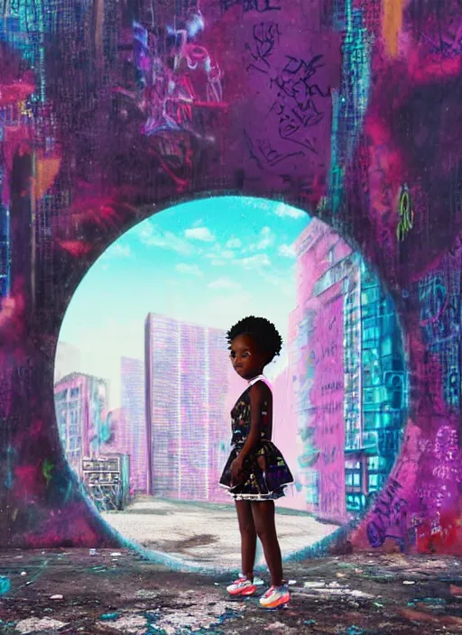 Prompt: a little black girl on a dilapidated sidewalk looking through a dirty graffiti wall into a round portal. inside the portal is a beautiful vaporwave cosmic futuristic city, beautiful, hyper detailed, intricate details, vibrant and vivid, digital art, rene magritte, bizarre, 8 k