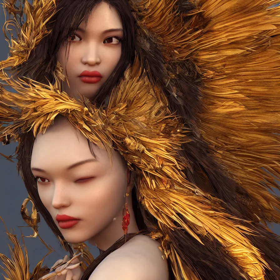 Prompt: closeup photoshoot of single asian goddess of bliss and honey, feathers hair, silk flowing in wind, totemic ritualistic tarot sigils embedded in ruby skin, photoreal, unreal engine, redshift render, trending on artstation