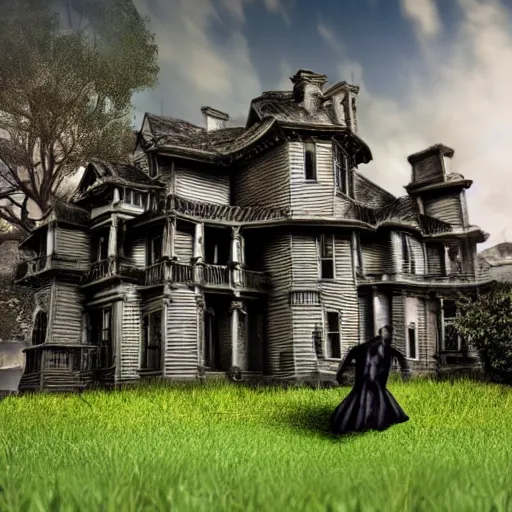 Prompt: a haunted house realistic with ghosts swooshing across the front lawn