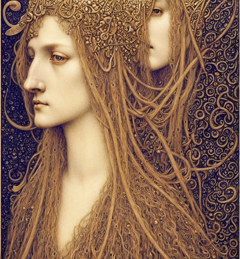 Image similar to detailed realistic beautiful young medieval queen face portrait by jean delville, gustave dore and marco mazzoni, art nouveau, symbolist, visionary, gothic, pre - raphaelite. horizontal symmetry