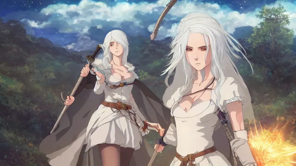 Image similar to anime portrait of ciri from the witcher dressed as a bride, in the background you can see the milky way. official art, key visual, studio lightning, very detailed bd cover, Studio Ghibli