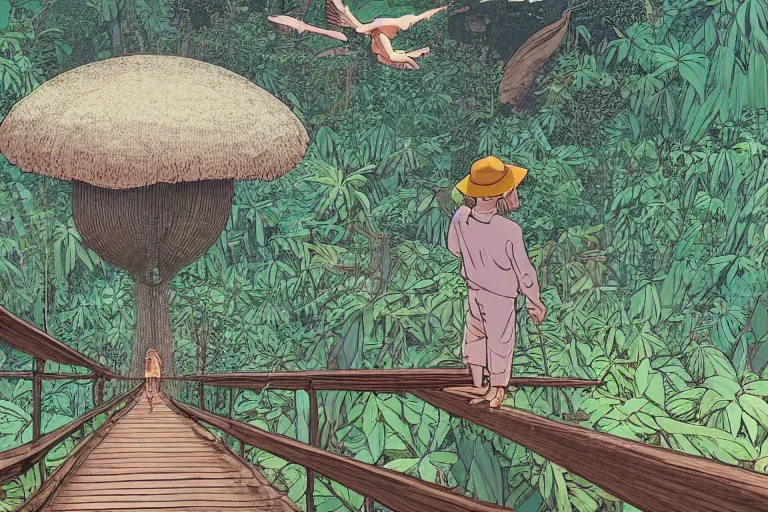 Prompt: insane perspective down view of a young indiana jones on a suspended wooden bridge entering a vast paradise jungle with a distant clearing, giant mushrooms, large white birds flying, exotic vegetation, large rocks with thick moss, banana trees, beautiful large flowers, god rays light. very graphic illustration by moebius and victo ngai, ghibli spirited away vibe, dynamic lighting, night mood