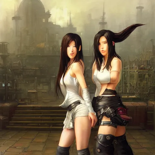 Image similar to a painting of tifa lockhart and aerith gainsborough from final fantasy 7, the midgard steam punk city as backdrop, by greg rutkowski, artgerm, wlop, ruan jia, krenz cushart, alphonse mucha, rain, unreal engine 5